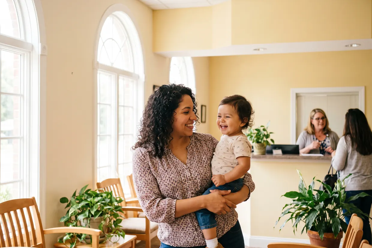 A young mother holding her laughing toddler in a bright, sunlit community clinic waiting room
