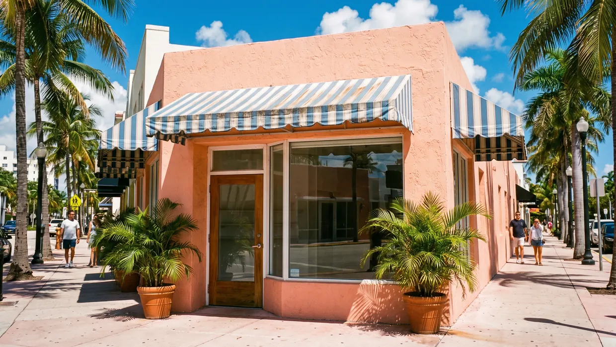 The Sunrise Health Enrollment storefront on a sunny Miami street with striped awning and potted palms